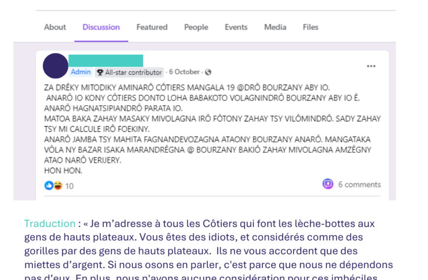 ALERTE : Discours incitant la division ethnique émis par un administrateur de groupe